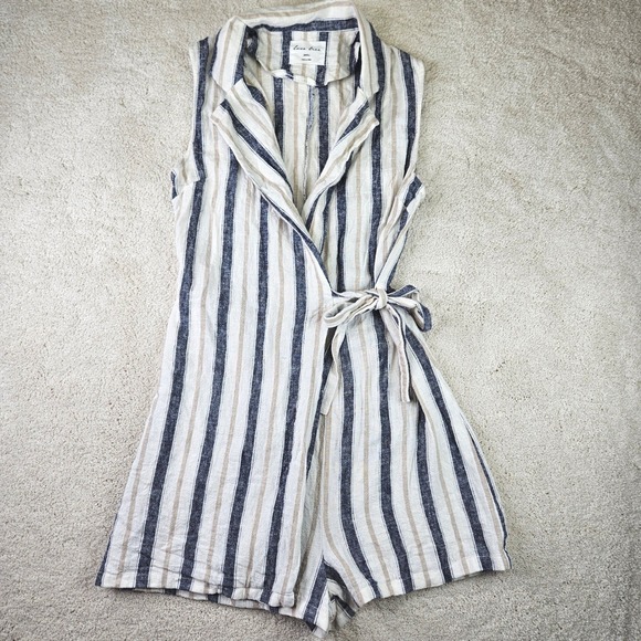 Love Tree Striped Sleeveless Linen‎ Romper Women's Small Blue Beige White Casual - Picture 1 of 9